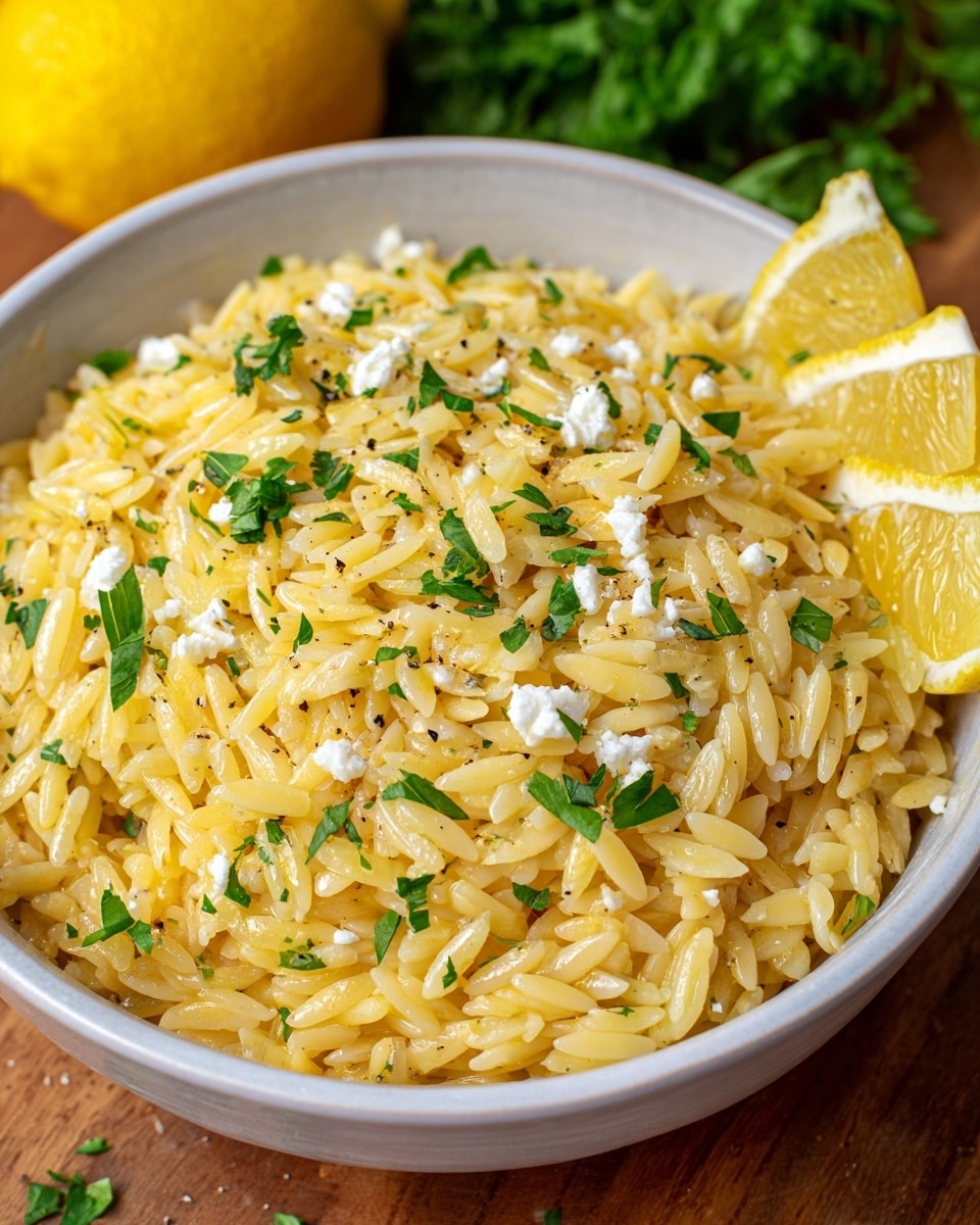The image shows a close-up of a bowl filled with yellow orzo pasta. The orzo is cooked and glistens with a light coating of oil or butter, giving it a shiny texture. It is topped with small green parsley leaves and finely grated white cheese, sprinkled evenly across the surface. There are also tiny bits of black pepper visible on the pasta. On the right edge of the white bowl, there are two bright yellow lemon slices adding color contrast. The bowl sits on a white marbled surface with blurred green and yellow shapes in the background, likely herbs and lemon. photo taken with an iphone --ar 4:5 --v 7