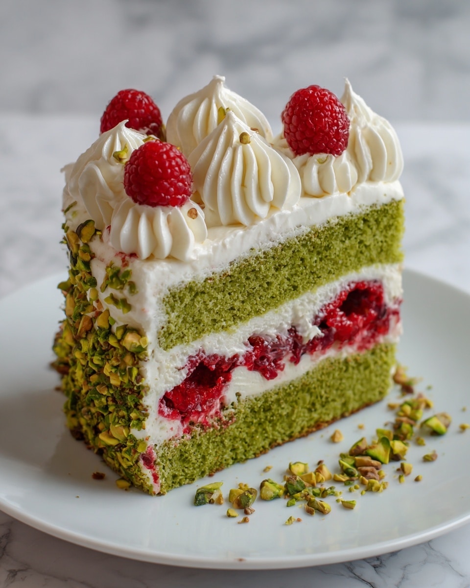 A slice of cake with three main layers is shown on a white plate. The bottom layer is light brown and looks like a soft cake base. The middle layer is creamy white with fresh red raspberries embedded inside. The top layer is light green and fluffy, likely a pistachio or matcha cake. The sides are coated with chopped green pistachios. On top, there are swirls of white cream decorated with whole red raspberries and small pistachio pieces. The background is a white marbled texture. Photo taken with an iphone --ar 4:5 --v 7