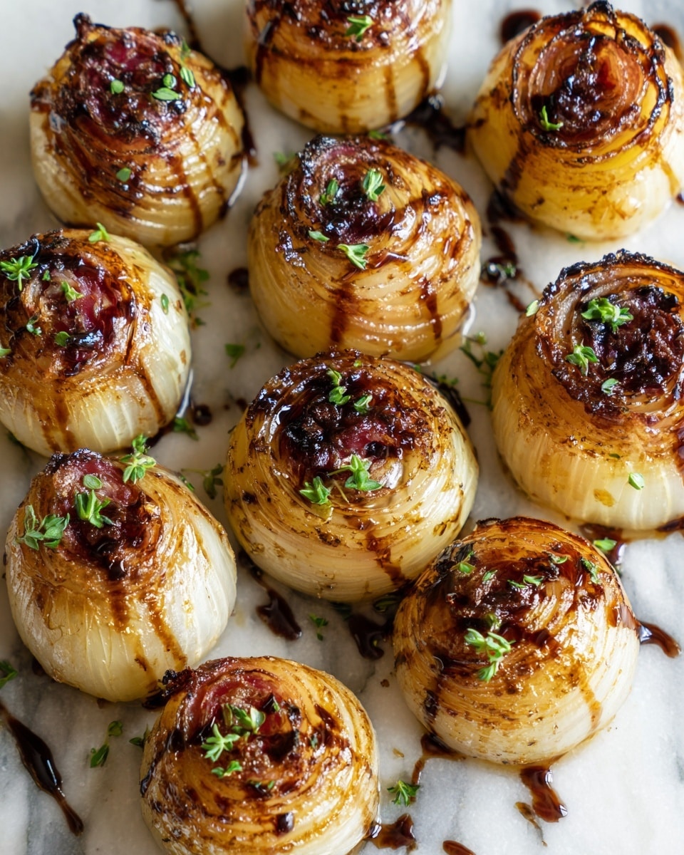 This dish shows many small stuffed onion shapes packed tightly together, each with a light brown outer skin that looks soft and slightly shiny. The onions have a burnt orange-red tint with some charred black spots on top. They are drizzled with a dark brown sauce in thin, glossy lines, and sprinkled with small pieces of bright green chopped herbs all over. The texture looks moist and tender, with the onions' layers visible under the seasoning and sauce. The image has a close-up view against a white marbled texture. Photo taken with an iphone --ar 4:5 --v 7