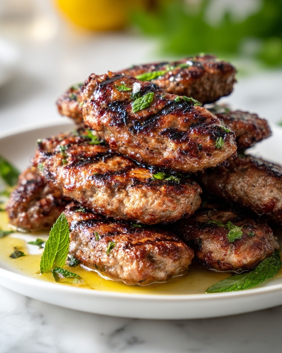 The image shows a white plate filled with two layers of grilled meat patties that are browned with a slightly crispy texture and small green herb pieces inside. The bottom layer has five patties placed close together, while the top layer has four patties stacked on them, with one patty prominently in the center. Bright green chopped herbs are sprinkled on and around the patties, and there is a golden oil or juice pooled slightly on the plate, adding shine to the dish. The background is softly blurred with a white marbled texture surface. photo taken with an iphone --ar 4:5 --v 7