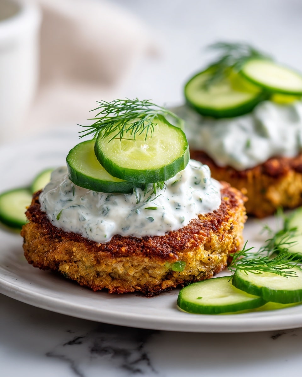 A white plate with two golden brown crispy fried pieces of fish, each topped with a dollop of white creamy sauce mixed with green herbs. On top of the sauce are three thin round slices of fresh cucumber with two small sprigs of green dill placed on them. Around the plate are extra slices of cucumber scattered on a white marbled surface. The fried fish has a textured, crunchy coating that looks evenly cooked. photo taken with an iphone --ar 4:5 --v 7