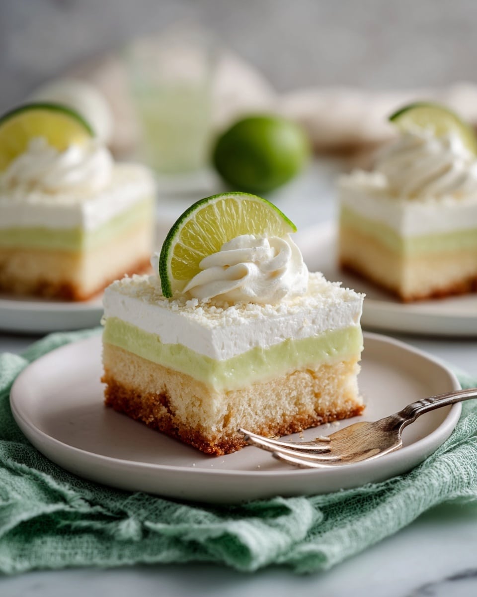The image shows a square piece of layered lime dessert on a white plate, placed on a soft green cloth on a white marbled surface. The dessert has three visible layers: the bottom layer is light golden brown cake, the middle layer is creamy pale green lime filling, and the top layer is thick white whipped cream. A small slice of lime rests on the whipped cream as decoration. A silver fork with a woman's hand holding it is on the plate, with the fork touching the dessert. The background includes more pieces of the same dessert on white plates. Photo taken with an iphone --ar 4:5 --v 7