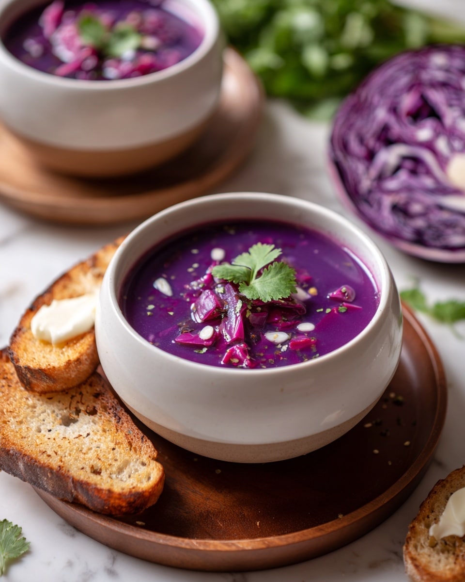 A white bowl filled with bright purple cabbage soup showing chopped cabbage pieces floating in a vibrant magenta broth, topped with a small green cilantro leaf and a few scattered seeds. The bowl sits on a dark wooden plate with a slice of toasted bread on the side, all placed on a white marbled surface. Around the bowl, there are fresh green cilantro leaves and fresh purple cabbage halved, adding color contrast. Photo taken with an iphone --ar 4:5 --v 7