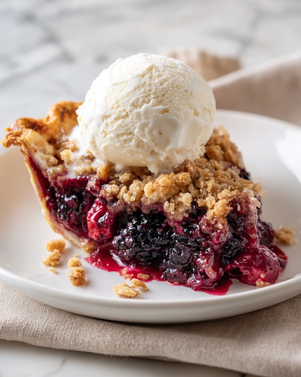 A single slice of berry crumble pie sits on a white plate, showing three clear layers: the bottom layer is a thick, juicy mix of dark purple and red berries with a glossy, syrupy texture; the middle layer is a golden-brown crumb topping with a crunchy, rough look; and the top layer is a smooth, perfectly round scoop of creamy vanilla ice cream that slightly melts over the crumble. The pie filling is slightly spilling over the edge of the plate, and the white marbled background with blurred rhubarb stalks adds a fresh, clean feel. The cloth napkin next to the plate is beige with a soft texture. photo taken with an iphone --ar 4:5 --v 7
