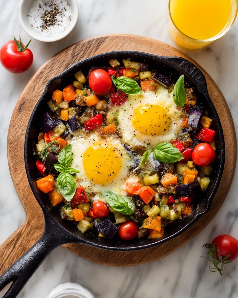 A black cast iron skillet filled with a colorful mixture of sautéed diced vegetables including orange carrots, red peppers, and dark purple eggplant pieces forming the bottom layer. On top of the vegetables, two sunny-side-up eggs with bright yellow yolks and slightly crispy white edges are placed in the center. Cherry tomatoes are scattered around the eggs, adding pops of red. Fresh green basil leaves are sprinkled over the eggs and vegetables, adding a fresh touch. The skillet is set on a round wooden board, all placed on a white marbled surface with a glass of orange juice and white bowl of pepper visible nearby. photo taken with an iphone --ar 4:5 --v 7