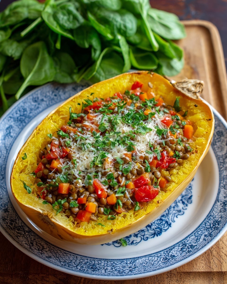 A half of bright orange spaghetti squash serves as the base layer with its spaghetti-like texture visible around the edges, filled with a colorful mix of small brown lentils, diced red tomatoes, and orange bell peppers as the second layer. On top, a generous sprinkle of finely grated pale-yellow cheese covers the lentils and vegetables, garnished with scattered small green parsley leaves. The dish is placed on a white plate with a blue intricate pattern, sitting on a wooden board next to a fresh bunch of dark green spinach leaves. photo taken with an iphone --ar 4:5 --v 7