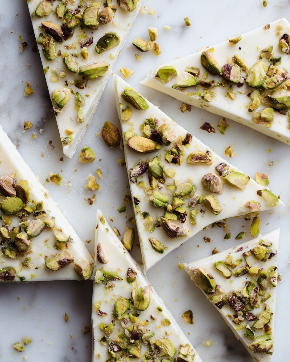 The image shows several pieces of white chocolate bark scattered on parchment paper, each piece topped with many green pistachio nuts. The bark layers are smooth and creamy white, while the pistachios add rough textures and shades of green with some brown spots. The pieces are irregularly broken into large triangles and some smaller shards, piled over each other, making a rich and crunchy look. The background is a white marbled texture. photo taken with an iphone --ar 4:5 --v 7