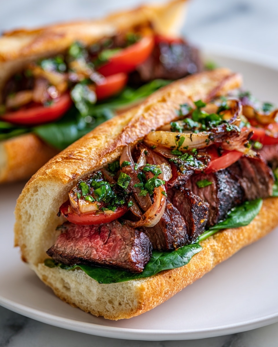 A close-up of two steak sandwiches on a white plate, each sandwich made with a toasted baguette cut in half horizontally. The first layer consists of fresh green spinach leaves, followed by thick slices of juicy grilled steak with crispy dark edges and a pink center. On top of the steak, there are slices of red tomato, then grilled onions with a slightly translucent, golden-brown color, sprinkled with chopped green herbs and black pepper. The baguette's outer crust is a warm golden-brown with a crunchy texture, and the inside is soft and airy. The sandwiches rest on a smooth white marbled surface in bright natural light. Photo taken with an iphone --ar 4:5 --v 7
