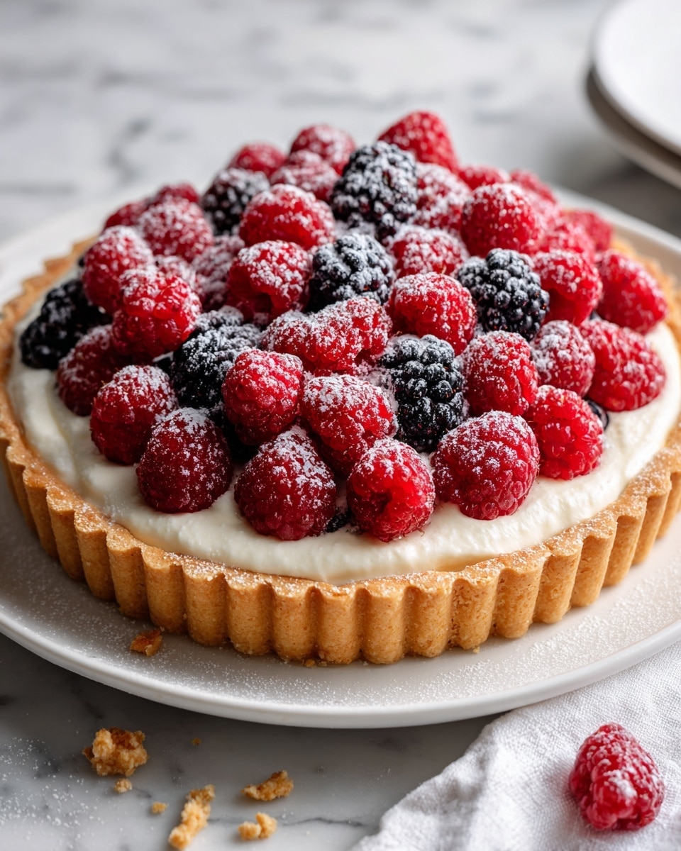 A tart with a golden-brown crust sits on a white plate, filled with a thick, smooth white cream layer that looks soft and creamy. On top of the cream, there is a thick layer of fresh raspberries and a few blackberries, all bright red and dark purple, with a light dusting of powdered sugar giving a delicate snowy effect. The tart edges are fluted, giving a textured look to the crust. It sits on a white marbled surface with a few crumbs scattered around, and part of a white cloth is visible near the bottom right. Photo taken with an iphone --ar 4:5 --v 7