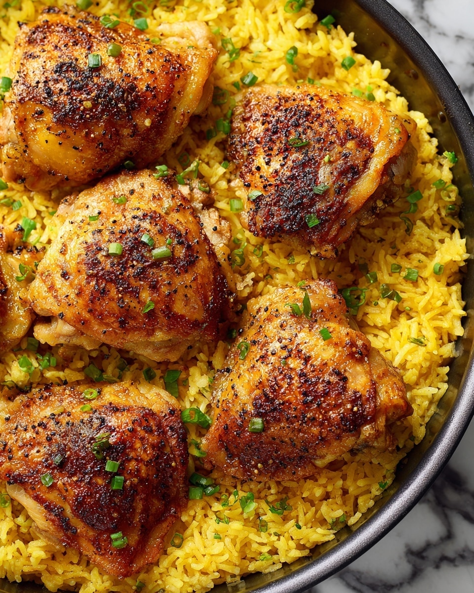 A close-up image of four golden-brown crispy chicken thighs placed on top of a bed of yellow rice with a fluffy texture. The rice fills the whole round pan and has small green chopped scallions scattered evenly throughout, adding spots of fresh green color. The chicken thighs have a slightly rough, roasted skin with visible black pepper flakes on the surface. The background shows only the edges of the dark round pan holding the food against a white marbled texture. photo taken with an iphone --ar 4:5 --v 7