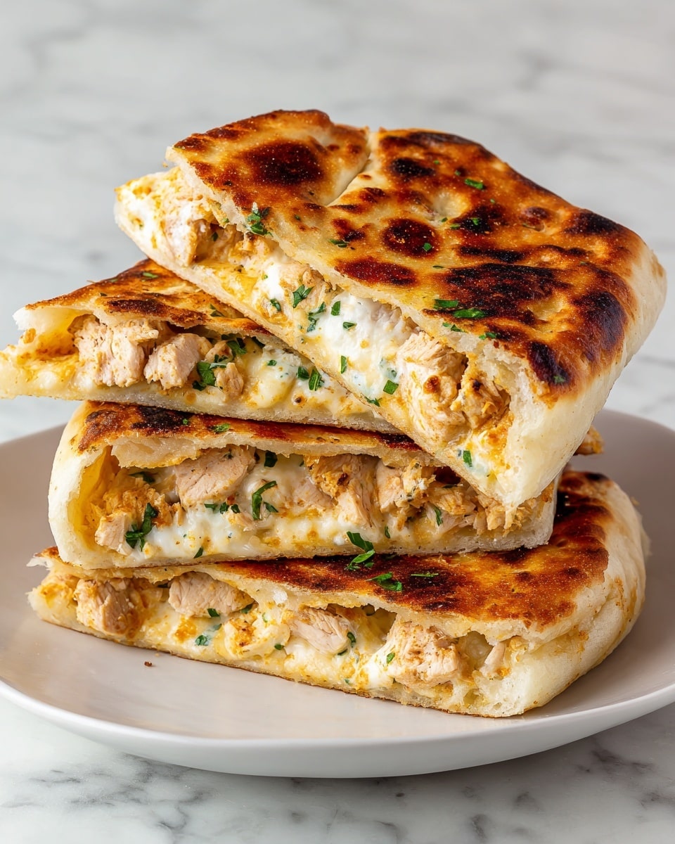 The image shows three thick stuffed flatbreads stacked on a white plate placed on a white marbled surface. Each flatbread is golden brown with slight charring and a soft, slightly crispy texture on the outside. The flatbreads are cut open to reveal a creamy, melted cheese filling with visible chunks of light orange cooked chicken and small pieces of fresh green herbs inside. The layers are clearly seen: the outer toasted flatbread, the gooey cheese layer in the middle, and chicken and herbs mixed evenly within the cheese. Photo taken with an iphone --ar 4:5 --v 7