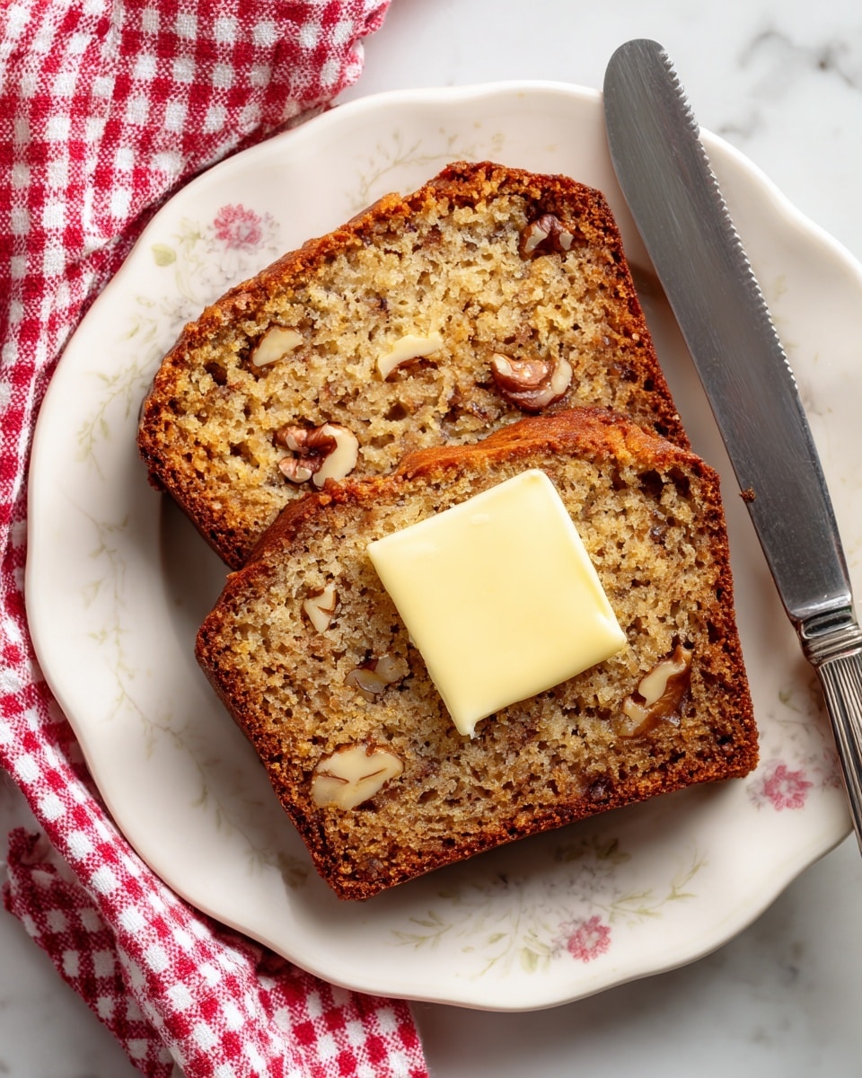 Two slices of moist banana nut bread are on a white plate with floral patterns, placed on a white marbled surface partially covered by a red and white checkered cloth. The banana bread is light brown with a dense, crumbly texture and visible pieces of walnut throughout. One slice is underneath, while the top slice has a square pat of melting butter in the center, creating a soft creamy contrast against the bread’s rough surface. A silver fork rests on the plate beside the slices. Photo taken with an iphone --ar 4:5 --v 7