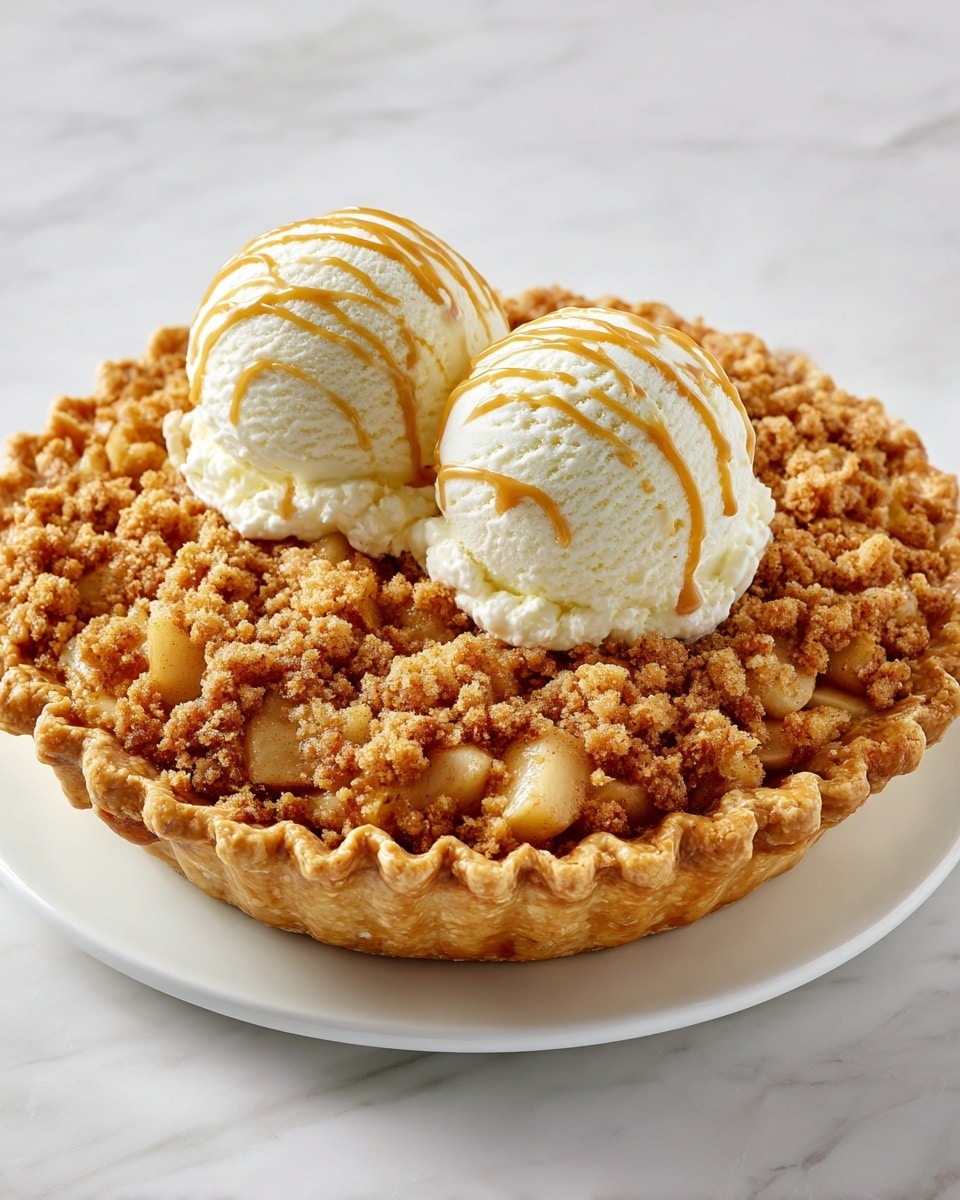 The image shows a round pie with a golden-brown crust that has a scalloped edge. Inside the crust, there is a layer of small, light tan apple chunks, covered by a thick layer of crumbly, darker brown streusel topping. On the top center of the pie, there are two white scoops of vanilla ice cream with smooth texture, each drizzled with light caramel sauce. The pie sits on a plain white plate, placed on a white marbled surface. photo taken with an iphone --ar 4:5 --v 7