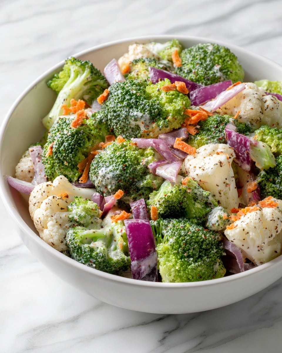 A close-up view of a fresh salad in a white bowl filled with three main layers: bright green broccoli florets, white cauliflower pieces, and small chunks of purple-red onion. The vegetables are mixed lightly with a creamy, white dressing that has small black pepper specks, and the whole dish is sprinkled with small bits of orange, crispy bacon flakes. The bowl is placed on a white marbled surface with a blurred background featuring silver cutlery and a maroon cloth. photo taken with an iphone --ar 4:5 --v 7