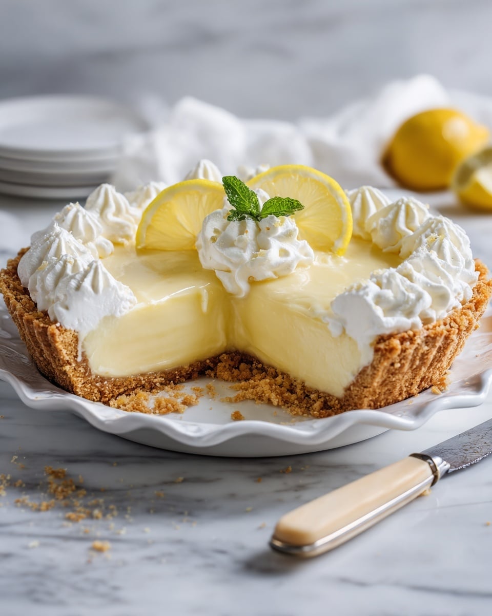 A slice is cut from a creamy lemon pie resting on a white plate with a scalloped edge. The pie has three clear layers: a crumbly light brown crust at the bottom and sides, a thick pale yellow lemon filling in the middle, and a fluffy white whipped cream layer on top. The whipped cream is decorated with evenly spaced swirls around the edge, and there are three thin lemon slices arranged near the center with a sprig of fresh green mint placed on top. Crumbs are scattered inside the empty slice space, and some whole lemons sit blurred in the background on a white marbled surface. photo taken with an iphone --ar 4:5 --v 7