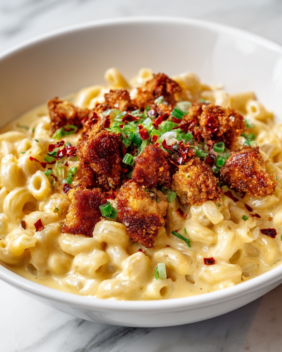 A white bowl filled with creamy, pale yellow macaroni and cheese forms the base layer, with the pasta showing a smooth, glossy texture. On top, there are evenly distributed chunks of golden-brown, crispy grilled chicken sprinkled with red chili flakes and small green herb pieces, giving a mix of colors and textures. A shiny chili oil glaze is drizzled over the chicken, adding a glistening shine, while small green herb bits also scatter lightly over the macaroni, enhancing the look. The dish sits on a white marbled surface. photo taken with an iphone --ar 4:5 --v 7