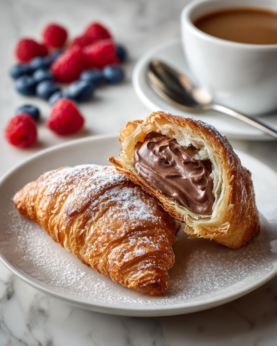 A white plate holds a croissant cut in half, showing three layers of flaky, golden brown pastry with a shiny, slightly crunchy top dusted with white powdered sugar and sprinkled with small dark brown bits. Inside, a thick, creamy layer of smooth chocolate filling oozes out from the middle of the croissant. The plate sits on a white marbled surface, and behind it, there is a white cup filled with dark hot chocolate, surrounded by fresh red raspberries and blueberries. A silver spoon lies next to the cup. Photo taken with an iphone --ar 4:5 --v 7
