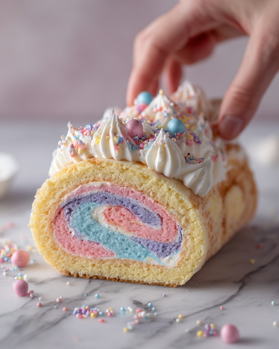A soft, rolled cake with three visible layers in a spiral: the outer cake layer is light yellow with a fluffy texture, inside there is a thick, smooth blue cream layer followed by a thick pink cream layer. The cake is covered in a smooth layer of pink and blue frosting on the outside, topped with small colorful round sprinkles and a large white candy pearl on top. The cake sits on a white marbled surface with a few scattered sprinkles around it. photo taken with an iphone --ar 4:5 --v 7