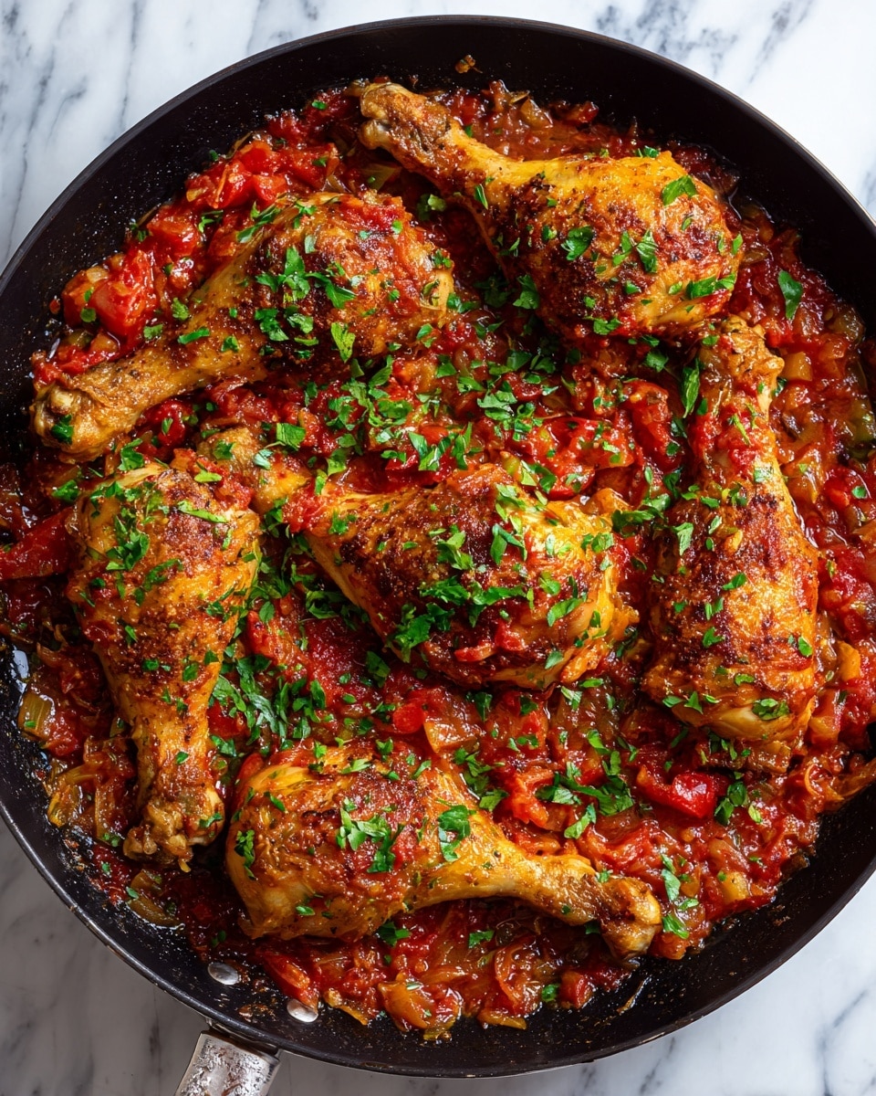 A black skillet filled with four golden brown grilled chicken drumsticks on top of a thick red tomato sauce mixed with cooked yellow and orange bell pepper pieces and translucent onion chunks. Bright green parsley leaves are scattered on top, adding a fresh contrast to the warm colors of the dish. The sauce looks rich and glossy with a chunky texture, and the chicken drumsticks have a slightly crispy skin with grill marks visible. The skillet sits on a white marbled surface. Photo taken with an iphone --ar 4:5 --v 7