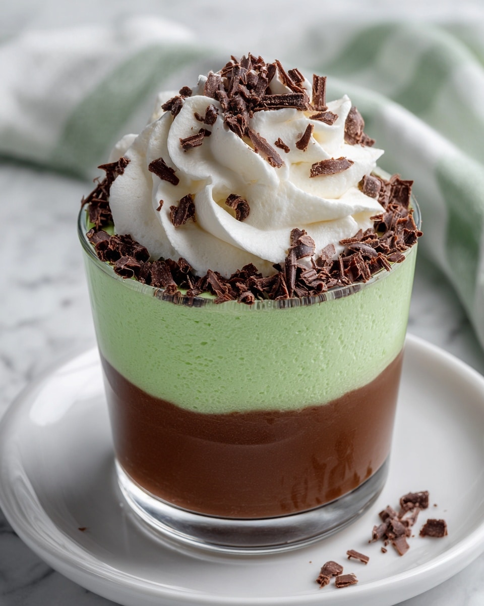 The dessert is shown in a clear glass cup with four visible layers. The bottom layer is dark brown and looks thick and smooth, resembling chocolate pudding. Above it is a light green layer with a creamy texture, likely mint flavored. The third layer is medium brown, thicker and smooth like chocolate mousse. The top layer is a fluffy white whipped cream piled high with small, thin pieces of chocolate sprinkled on top. The cup sits on a white plate with a slightly curved edge, all placed on a white marbled surface. The background is soft with blurred shades of green and light colors, giving a fresh and clean look. Photo taken with an iphone --ar 4:5 --v 7