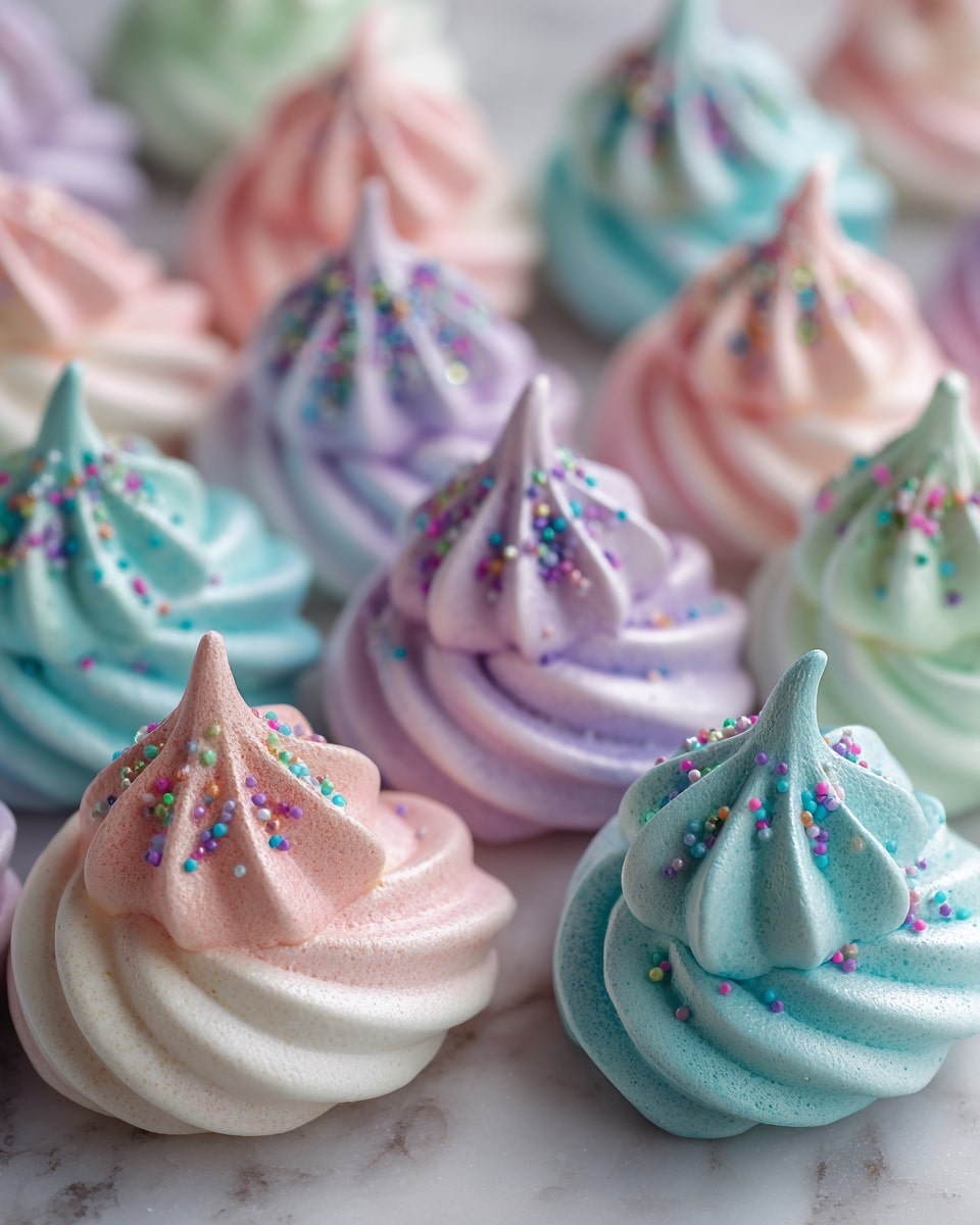The image shows seven colorful meringue cookies arranged on a white plate placed on a white marbled surface. Each meringue has a light, fluffy swirl with three layered colors softly blending into each other: mint green and white, lavender and white, baby blue and white, and pale pink and white. They are topped with small, round, colorful sprinkles that add a pop of red, yellow, and blue. The texture looks light and airy with a smooth, glossy finish on the surface of the swirls. photo taken with an iphone --ar 4:5 --v 7