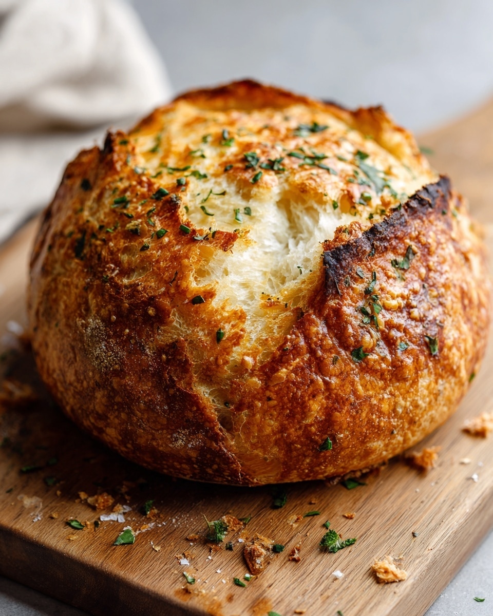 The image shows a round loaf of bread on a wooden board, cut open to reveal its soft, fluffy white inside. The crust is golden brown with dark toasted spots and is sprinkled with small green herb leaves, creating a textured appearance. The loaf has been sliced into several deep sections, showing the tender interior with tiny air pockets. Around the bread on the board are a few loose herbs and crumbs, all set on a white marbled surface. photo taken with an iphone --ar 4:5 --v 7