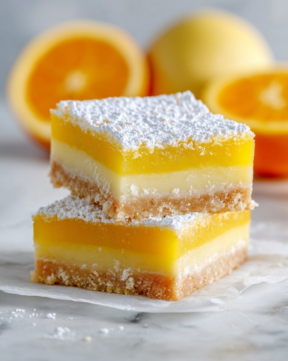 Two square lemon bars are stacked on top of each other on a piece of parchment paper. Each bar has three visible layers: the bottom crust is light brown and crumbly, the middle layer is a smooth, bright yellow lemon filling, and the top layer is a pale yellow crust dusted with white powdered sugar. In the blurry background, there are whole and halved oranges. The whole scene rests on a white marbled surface. photo taken with an iphone --ar 4:5 --v 7