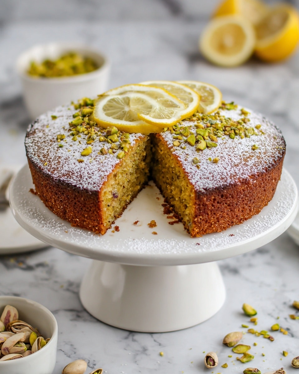 The image shows a round cake on a white cake stand with a white marbled surface beneath. The cake has three visible layers including a golden brown crust on the outside and a moist, light yellow interior with small bits inside. On top, it is dusted with powdered sugar and decorated with five thin lemon slices arranged in a circle at the center. Around the lemon slices, there are chopped pistachios scattered lightly, adding a green touch. A slice is cut out, revealing the inside texture. The background includes a blurred white bowl with pistachios and lemon pieces. A woman’s hand with a fork is seen near the cake. photo taken with an iphone --ar 4:5 --v 7
