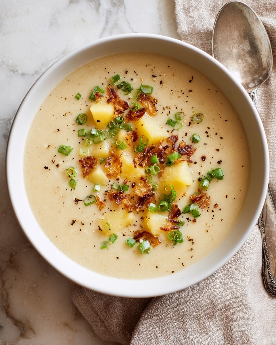 A creamy soup served in a round brown bowl, with a thick, smooth light beige base filled with some small potato chunks; the top is decorated with small green onion pieces and crunchy golden brown fried onions, along with a few black pepper specks scattered around. The bowl is placed on a white marbled surface with a beige cloth napkin loosely draped underneath, and beside it lies an old silver spoon and a small bowl of chopped green onions. Photo taken with an iphone --ar 4:5 --v 7