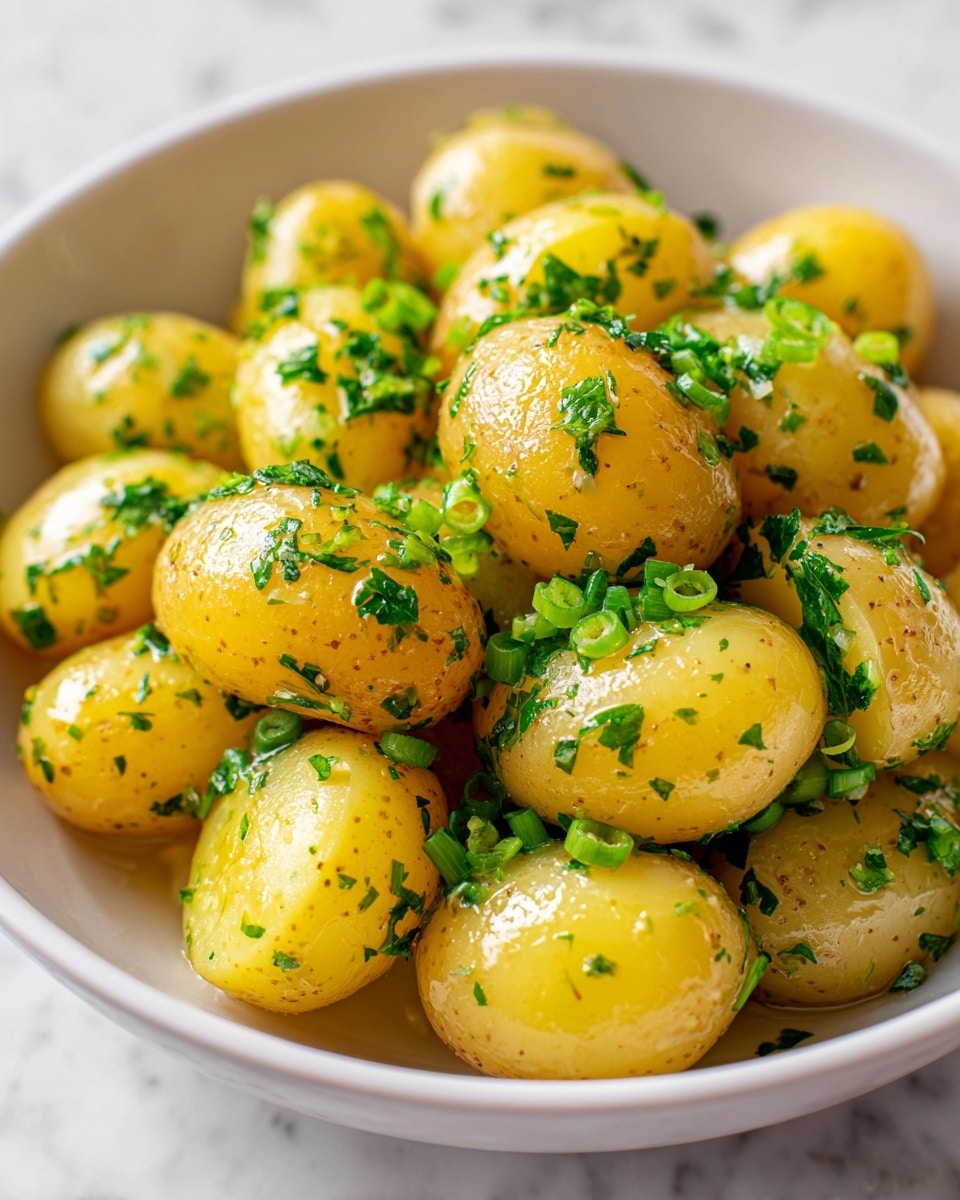 The image shows a close-up of small yellow potatoes that are coated with finely chopped green herbs and small slices of light green onions. The potatoes have a shiny, slightly oily surface with specks of black pepper spread across them. They are placed in a shallow white bowl, and the focus is on the glossy texture and fresh herbs covering the potatoes, stacked closely together. The background has a white marbled texture. photo taken with an iphone --ar 4:5 --v 7