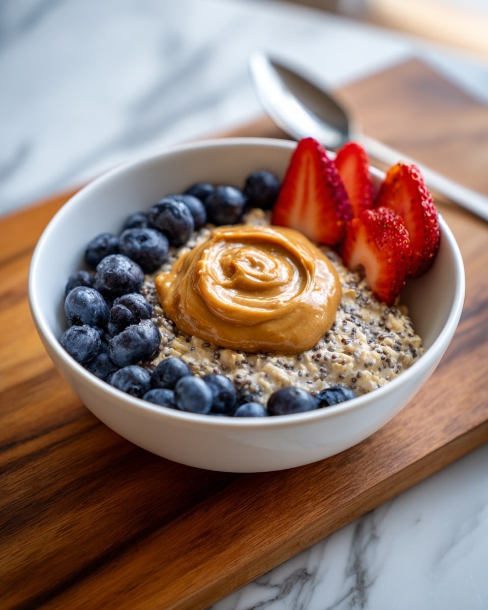 A white bowl filled with creamy oatmeal mixed with small black chia seeds forms the base layer; on top, a large swirl of smooth, shiny light brown peanut butter sits slightly to the left. A row of plump, round, deep blue blueberries surrounds two halves of bright red strawberries with green leaves, placed on the right side of the bowl’s top. The bowl rests on a wooden board against a white marbled background, with a soft gray cloth partially visible on the right and a blurred wooden board with banana slices in the background. Photo taken with an iphone --ar 4:5 --v 7
