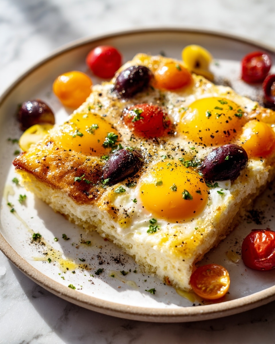 A close-up of a square slice of baked eggs layered with a base of lightly browned egg whites topped with bright yellow, glossy egg yolks resting in the center of each portion. Scattered around the yolks are white crumbles of cheese and halved cherry tomatoes in red and yellow colors. The dish is seasoned with chopped green herbs and black pepper evenly sprinkled over the surface. It is served on a white plate with a speckled brown rim, placed on a white marbled surface. The photo taken with an iphone --ar 4:5 --v 7