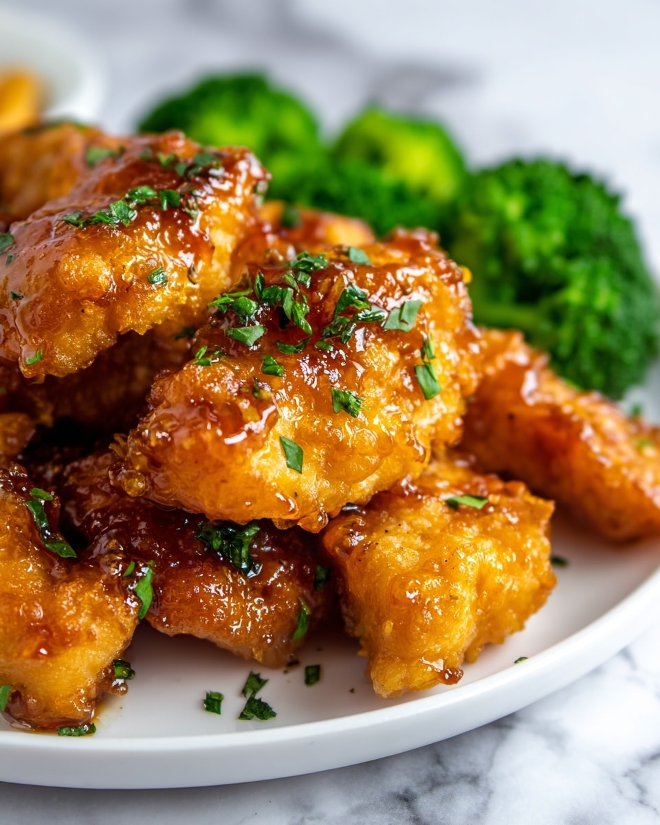 The image shows several pieces of golden-brown glazed chicken tenders arranged closely together on a white plate. The chicken has a shiny, sticky glaze with a rich, amber color and small green herb sprinkles on top. In the background, bright green broccoli florets provide a fresh and colorful contrast. The chicken pieces have a slightly crispy texture with a thick sauce coating that catches the light, making the dish look juicy and flavorful. The scene is set on a white marbled surface. photo taken with an iphone --ar 4:5 --v 7
