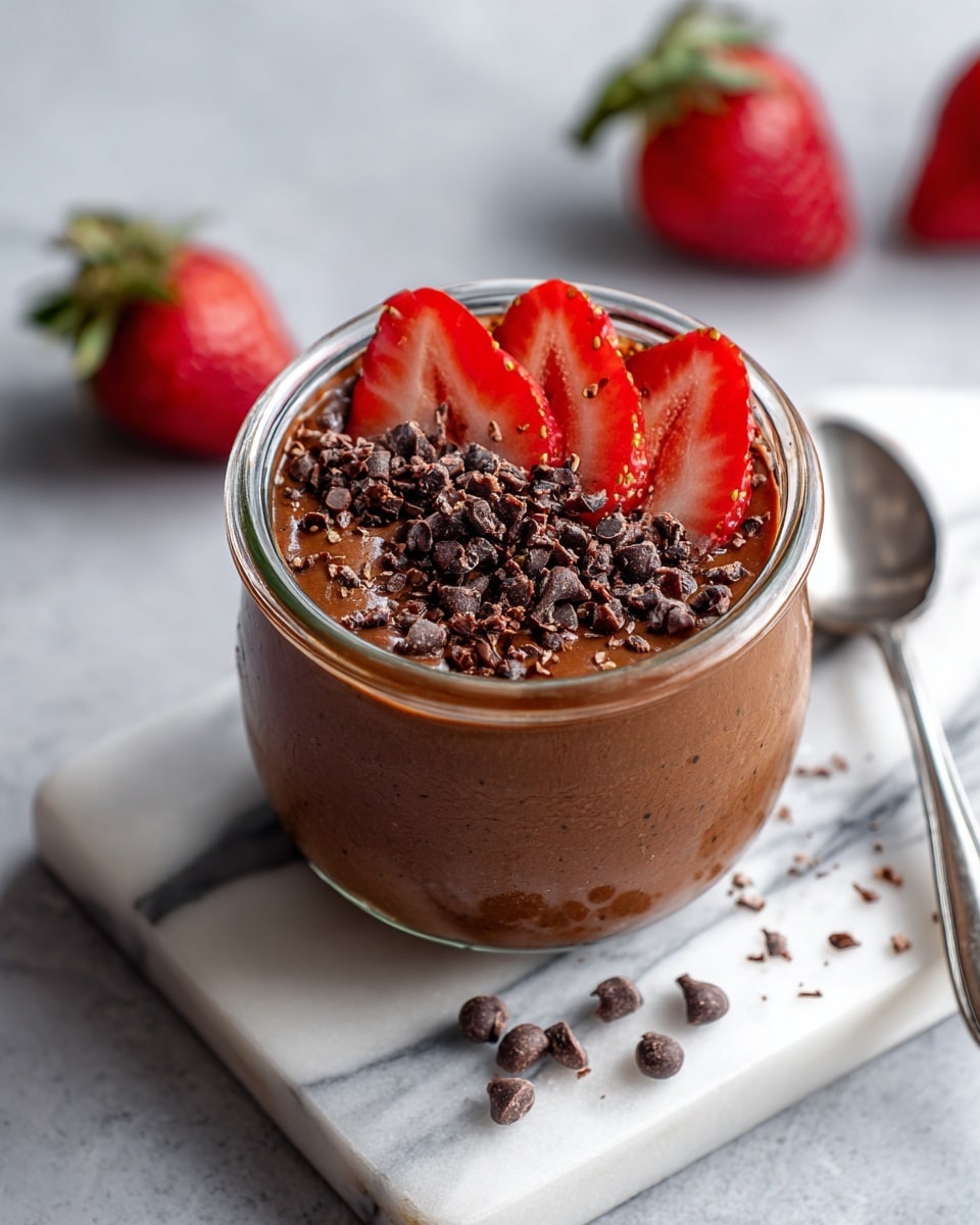 A clear glass jar filled with a thick, creamy chocolate mixture as the main layer, topped with a scattering of dark chocolate chips and small cacao nibs. On one side of the topping, there are three bright red, thin strawberry slices gently placed. The jar is set on a white marbled rectangular board with a few chocolate chips scattered next to it. Two whole strawberries with green tops are blurred in the background. A silver spoon rests beside the jar on the board. Photo taken with an iphone --ar 4:5 --v 7