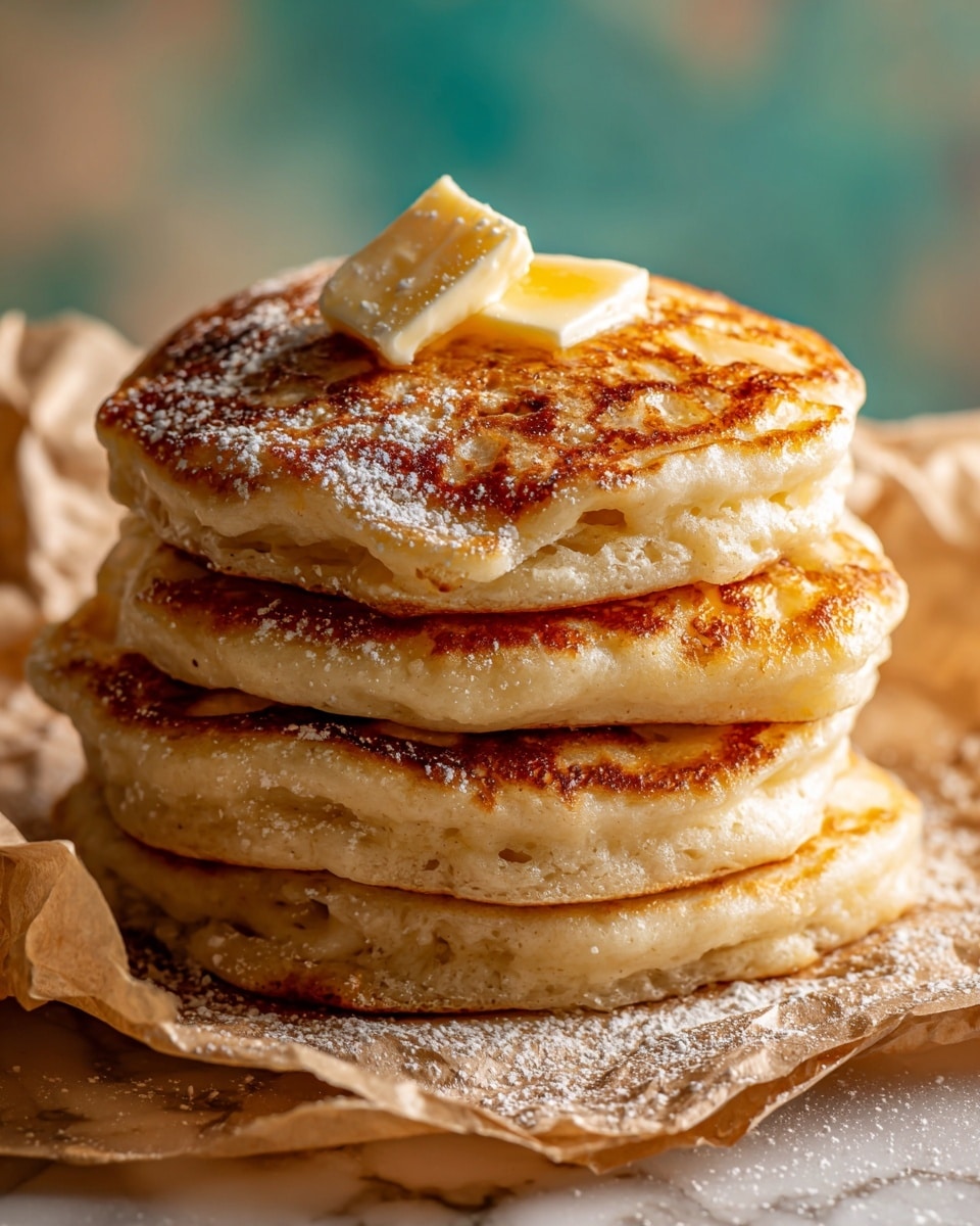 A stack of four thick, golden-brown pancakes are shown, each one fluffy with a light texture and slightly uneven edges. The top pancake has a slightly darker, crispier surface. At the very top, there is a small square of golden butter slowly melting, its smooth texture contrasting with the pancakes. There is a light dusting of powdered sugar around the base of the stack on crinkled brown parchment paper. The close-up image highlights the soft interior of the pancakes and the warm, inviting colors. photo taken with an iphone --ar 4:5 --v 7