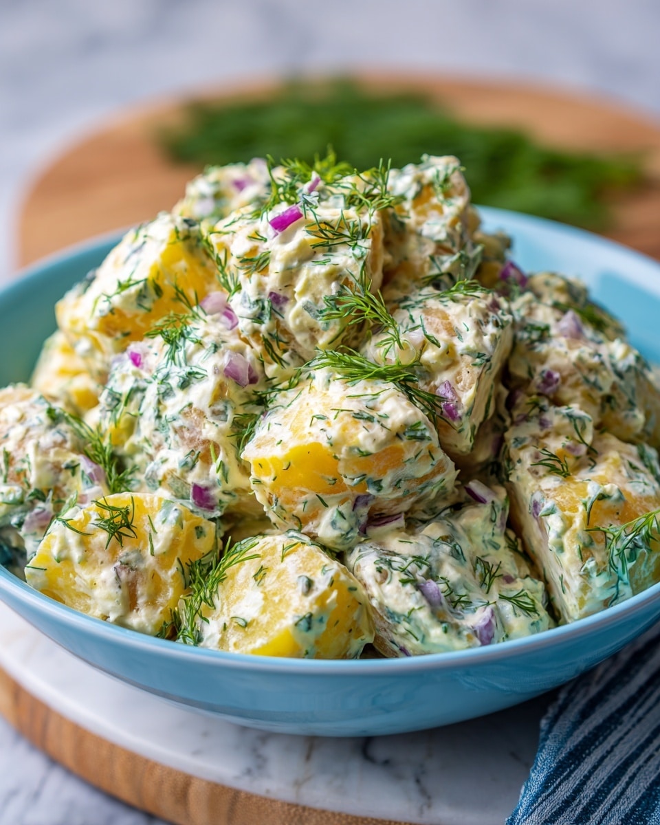 A bowl filled with chunky potato salad shows large, uneven pieces of pale yellow potatoes mixed thickly with a creamy white dressing. Within the salad, small bits of purple onion and green herbs, mainly dill, are scattered evenly, adding spots of color throughout. The potatoes look soft but hold their shape, while the dressing has a textured, slightly lumpy appearance from the herbs and additional ingredients. The white bowl contrasts with the colors of the salad and sits on a white marbled surface with a wooden board and fresh dill sprigs nearby. Photo taken with an iphone --ar 4:5 --v 7