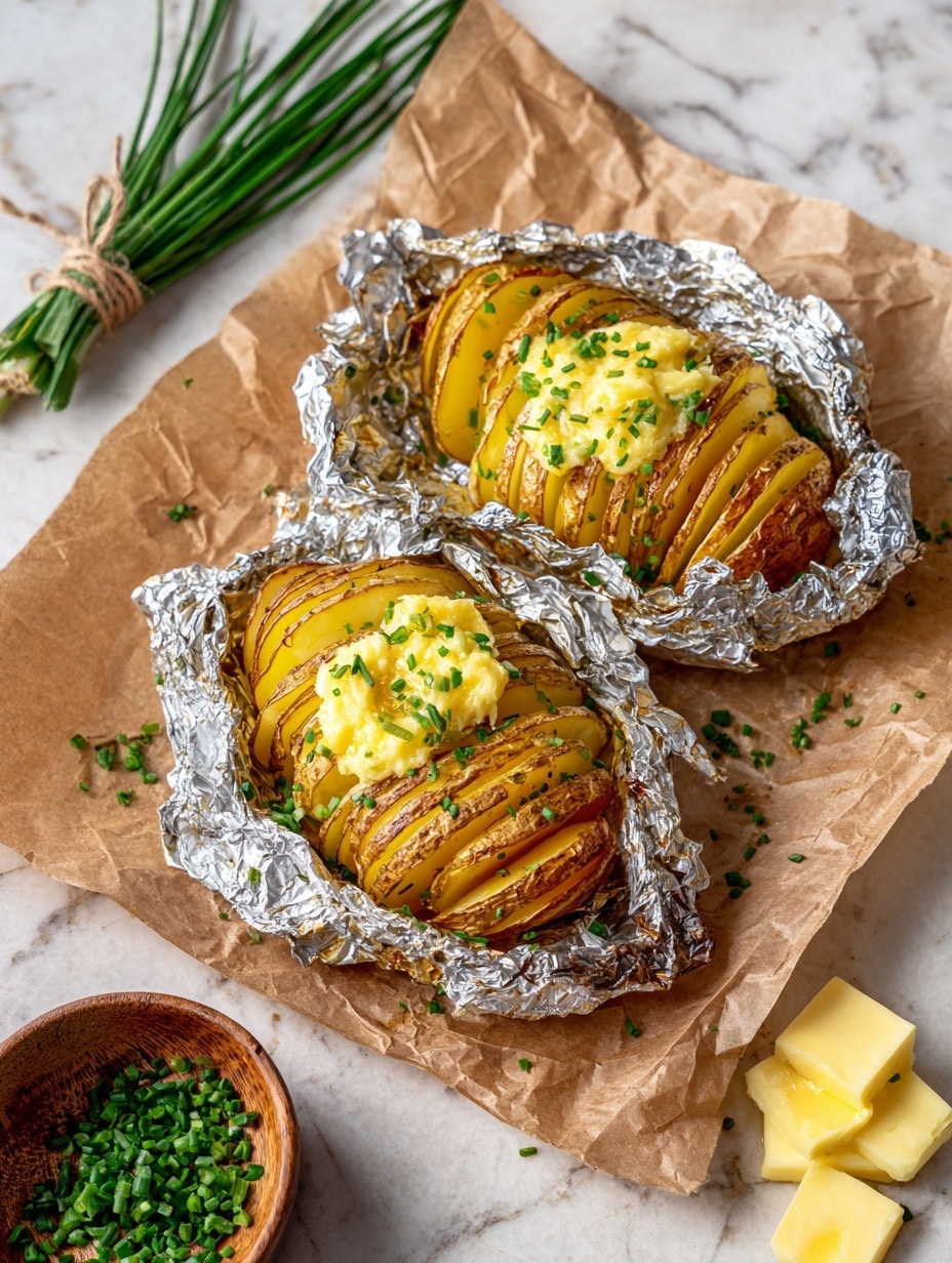 Two roasted potatoes are wrapped in crinkled aluminum foil, each sliced thinly almost all the way through to create many golden brown layers with crispy edges. On top of the sliced potatoes, there is a creamy, light yellow dollop of melted butter mixed with small green chive pieces, which also sprinkles lightly over the top and around the foil. The foil packets sit on crumpled brown parchment paper placed on a white marbled surface. A small wooden bowl filled with chopped green chives is partly visible at the bottom left corner, and a tied bunch of green chives lies in the upper left corner. Several small slices of the yellow butter with chives lie near the potatoes on the right side. photo taken with an iphone --ar 4:5 --v 7
