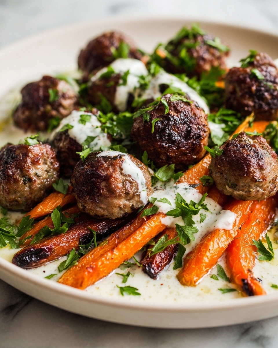 The image shows a white plate filled with a stack of browned, crispy meatballs with a slightly charred texture and a golden-brown color. Interspersed among the meatballs are several roasted carrots, varying in shades of orange and caramelized dark brown from roasting, some cut lengthwise, others whole with green tops. A creamy white sauce with specks of green herbs is drizzled over the meatballs and carrots, with fresh chopped green herbs scattered on top. The plate is set on a white marbled surface, and the lighting highlights the textures and colors of the food. photo taken with an iphone --ar 4:5 --v 7