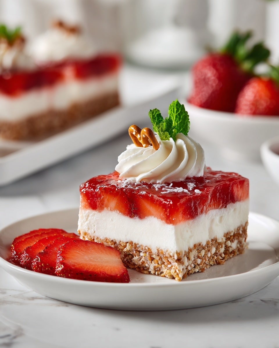 A square slice of layered dessert is placed on a white plate on a white marbled surface. The dessert has three clear layers: the bottom layer is a crumbly, golden-brown nut and oat crust, the middle layer is a smooth, thick white cream, and the top layer is a shiny red strawberry jelly filled with sliced strawberries. On top of the jelly, there is a swirl of white whipped cream, garnished with a small green mint leaf and a small pretzel. Next to the slice on the plate, there are three thinly sliced strawberry pieces arranged in a fan shape. In the background, there is another dessert slice on a white plate and a larger glass dish filled with the same dessert. The photo taken with an iphone --ar 4:5 --v 7