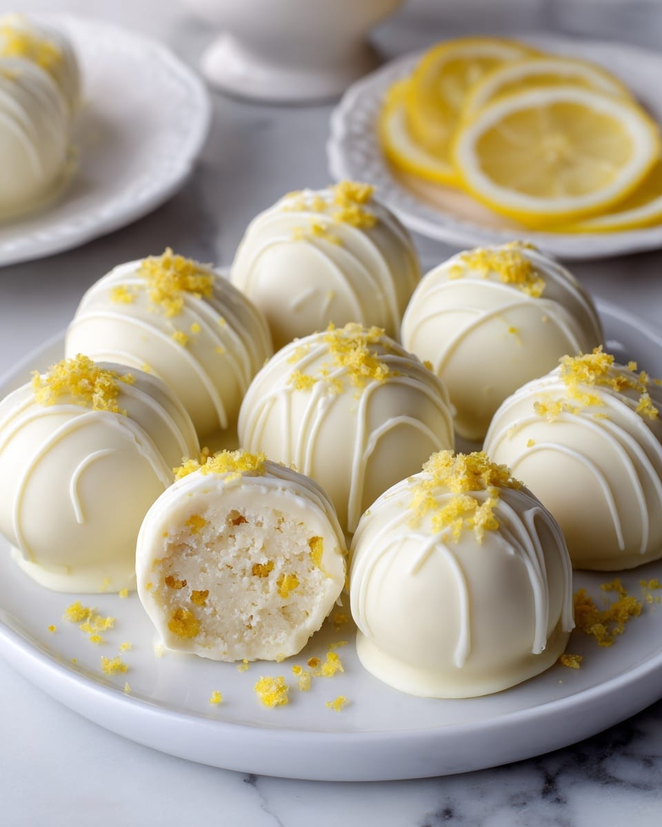 A white plate holds ten round, smooth white truffles with a slight shine, each topped with small yellow crumbs and drizzled lightly with thin white lines of icing. Two truffles are cut in half in the front, showing a creamy white inside speckled with tiny yellow bits. The plate sits on a white marbled surface with a blurred second plate holding lemon slices in the background. The overall look is clean, soft, and bright with a fresh, delicate texture visible on both the outer layer and the creamy filling inside. photo taken with an iphone --ar 4:5 --v 7