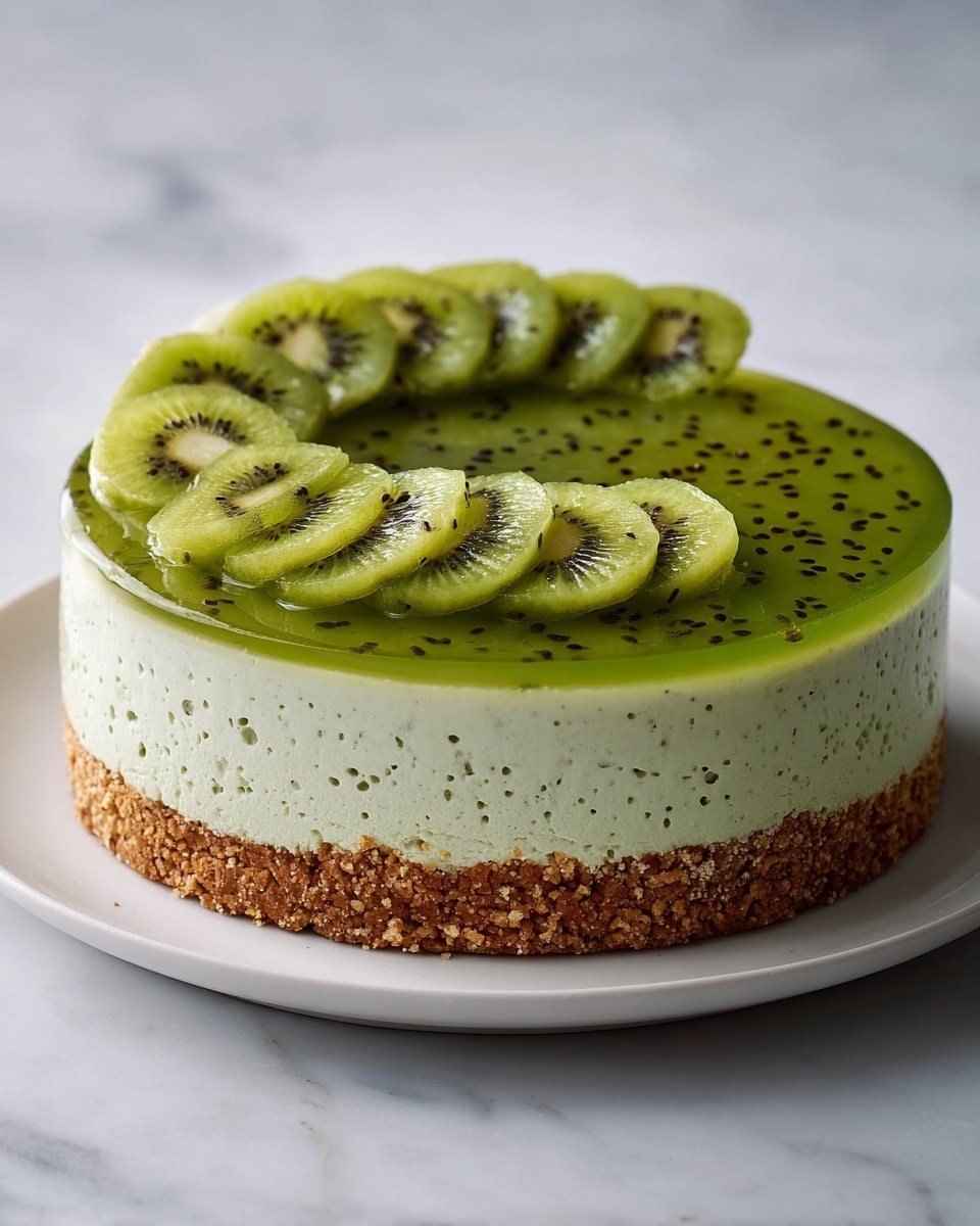 A three-layer round cake on a white plate with a white marbled surface background, the bottom layer is golden brown and crumbly like a biscuit base, the middle layer is thick and light green with a smooth, airy mousse texture, and the top layer is a thin, shiny, translucent green jelly studded with small black seeds. On top, there is a neat row of fresh, bright green kiwi slices, each showing the black seeds and white center clearly. photo taken with an iphone --ar 4:5 --v 7