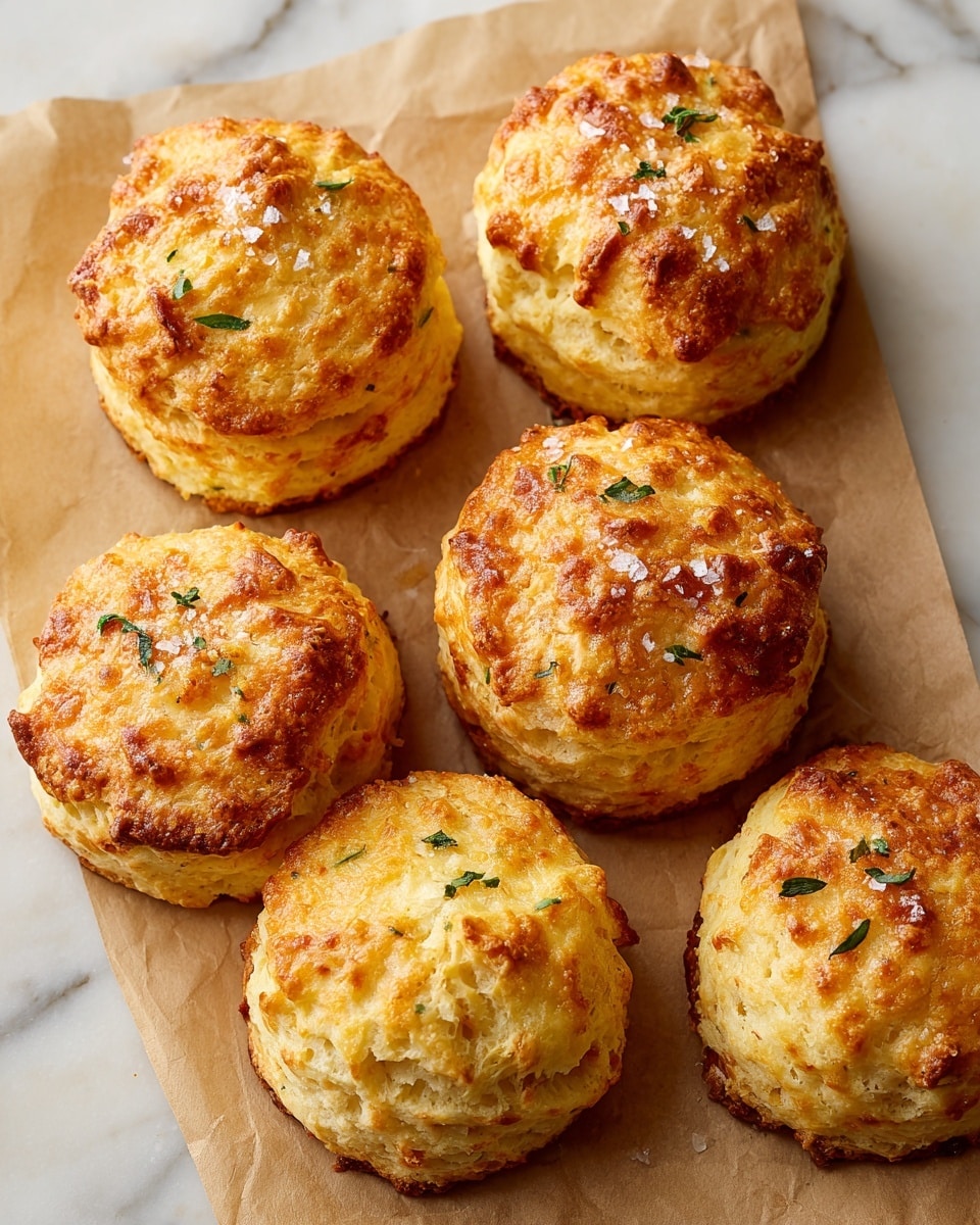 The image shows several golden-brown cheese and herb scones on a brown parchment paper. Each scone has a rough, crumbly texture with visible bits of green herbs mixed into the dough and some melted cheese spots on top that are slightly browned. The scones are unevenly shaped, with a light sprinkling of coarse salt on top. The background is a white marbled surface. photo taken with an iphone --ar 4:5 --v 7