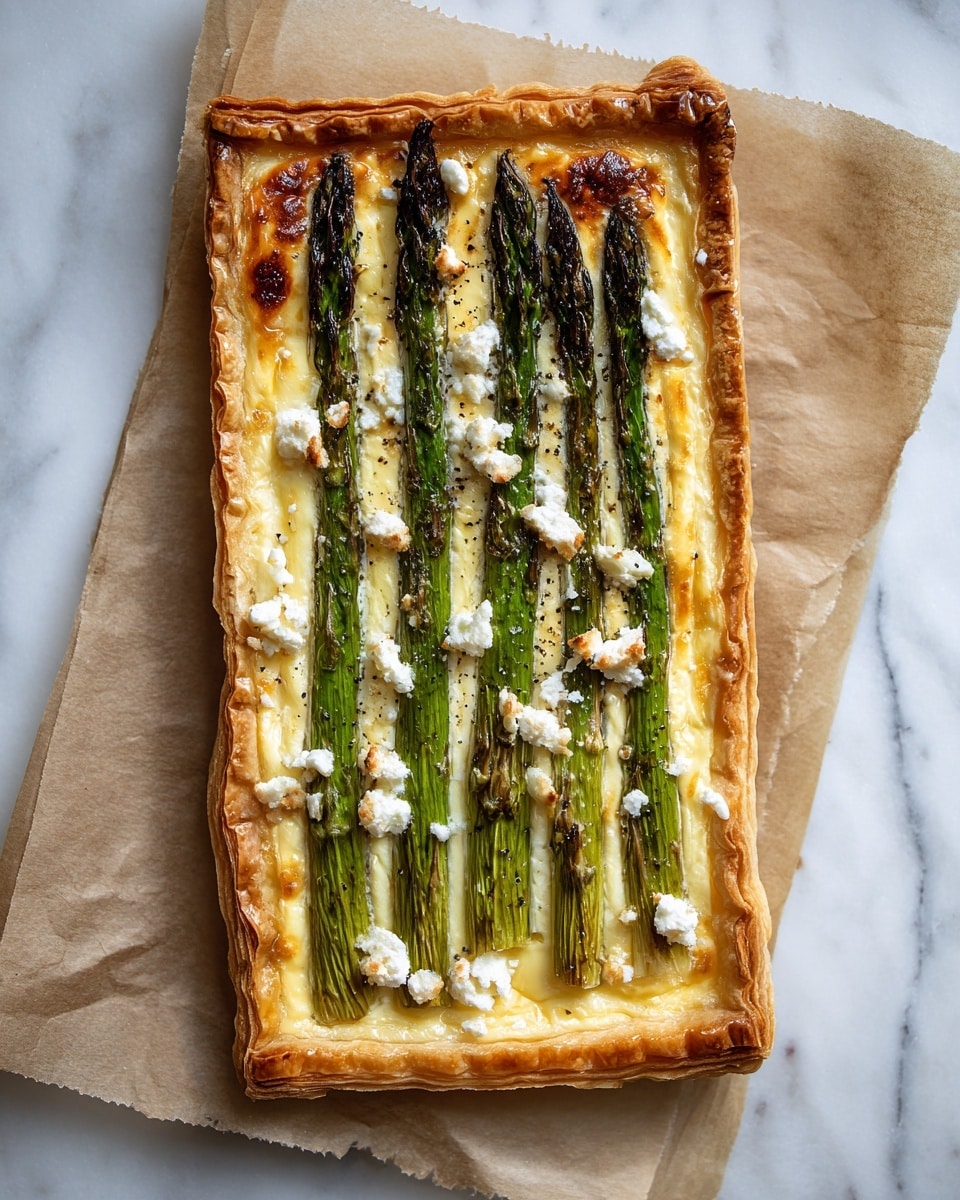 A rectangular tart with a golden, flaky crust forms the base layer, topped by a smooth, creamy pale yellow filling. On top of the filling, a layer of crumbled white cheese is spread unevenly, adding texture. Five whole roasted asparagus spears, bright green with slightly charred tips, are arranged side by side across the tart's length. Small sprinkles of green herbs are scattered on top, adding color and detail. The tart is placed on brown parchment paper on a white marbled surface. photo taken with an iphone --ar 4:5 --v 7