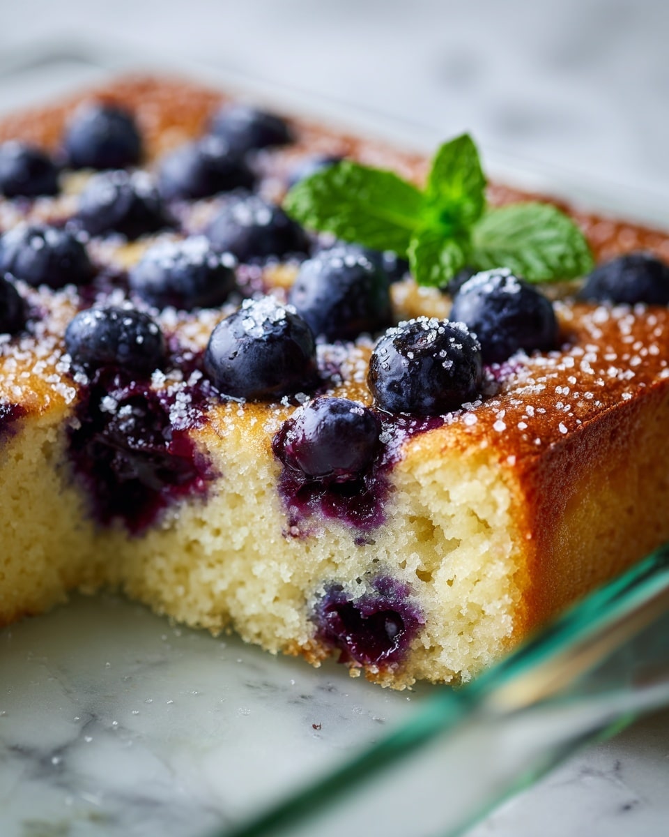 A close-up image of a freshly baked blueberry cake in a clear glass rectangular baking dish. The cake has one thick golden brown layer with a soft, spongy texture, dotted generously with whole blueberries that have burst, creating glossy purple juice spots. The top layer is crisp and lightly sprinkled with white powdered sugar, adding a delicate touch, with a small cluster of fresh blueberries and green mint leaves on one side for garnish. The background is a white marbled texture. Photo taken with an iphone --ar 4:5 --v 7