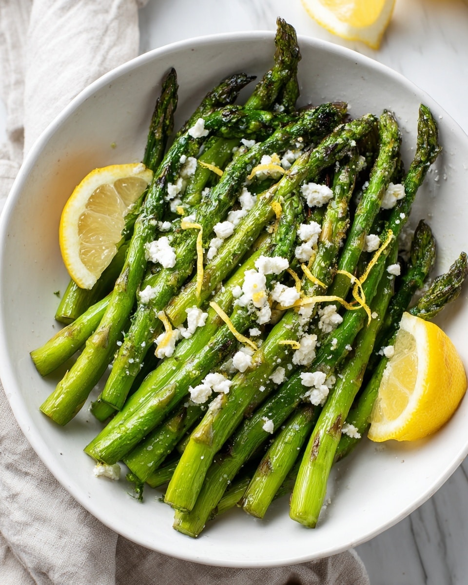 A white bowl filled with a layer of bright green grilled asparagus spears, some with slight char marks, topped evenly with crumbled white cheese and thin yellow lemon zest strips scattered all over; two lemon wedges are placed on the side inside the bowl, which is set on a white marbled surface. photo taken with an iphone --ar 4:5 --v 7