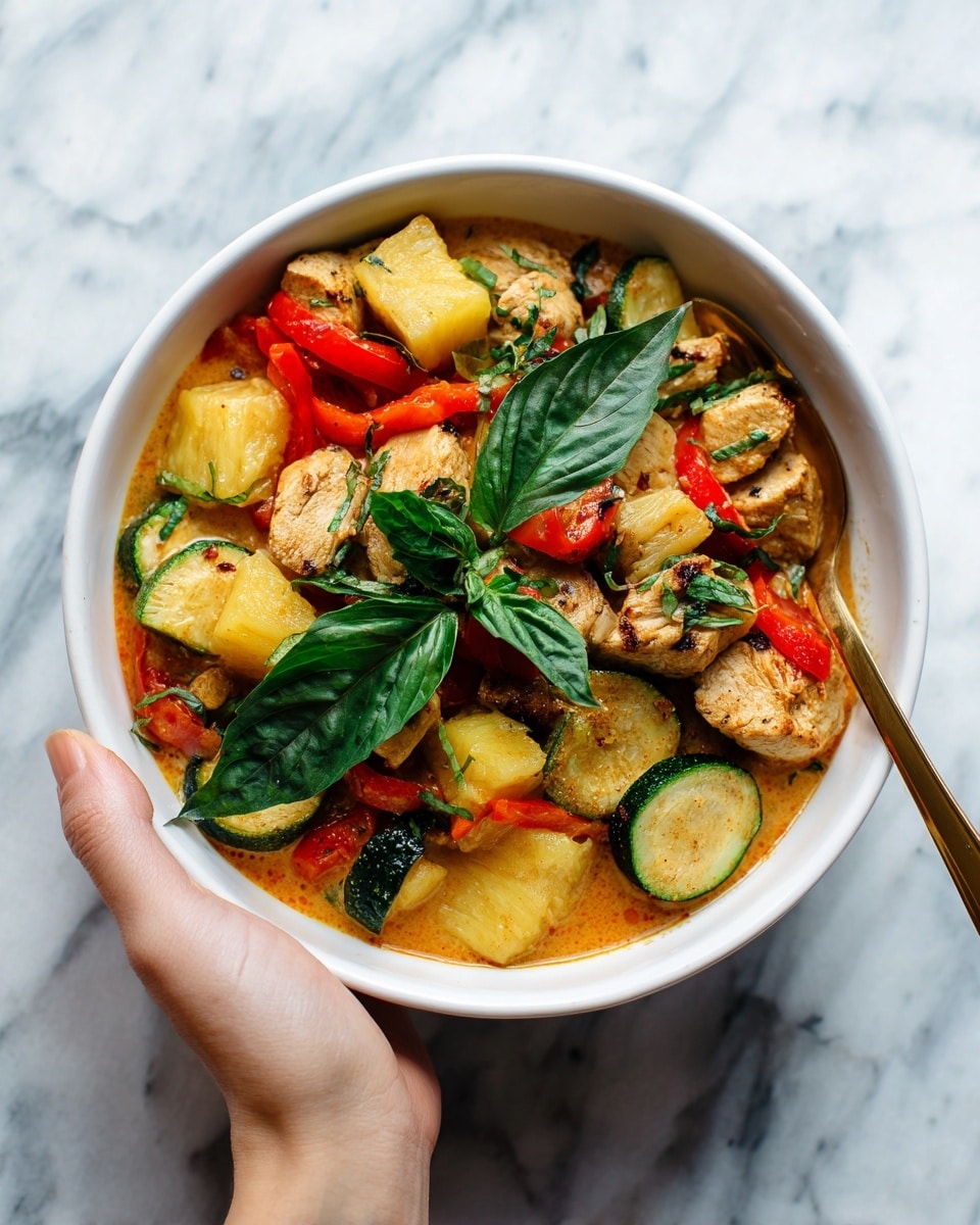 The image shows a white bowl filled with a colorful Thai curry dish. There are three main layers: large chunks of yellow pineapple, pieces of cooked chicken in a pale creamy sauce, and slices of green zucchini mixed with red bell pepper strips. Bright green fresh basil leaves are placed on top, adding a fresh touch. A gold spoon rests inside the bowl on the right side. The bowl is set on a white marbled surface. Photo taken with an iphone --ar 4:5 --v 7