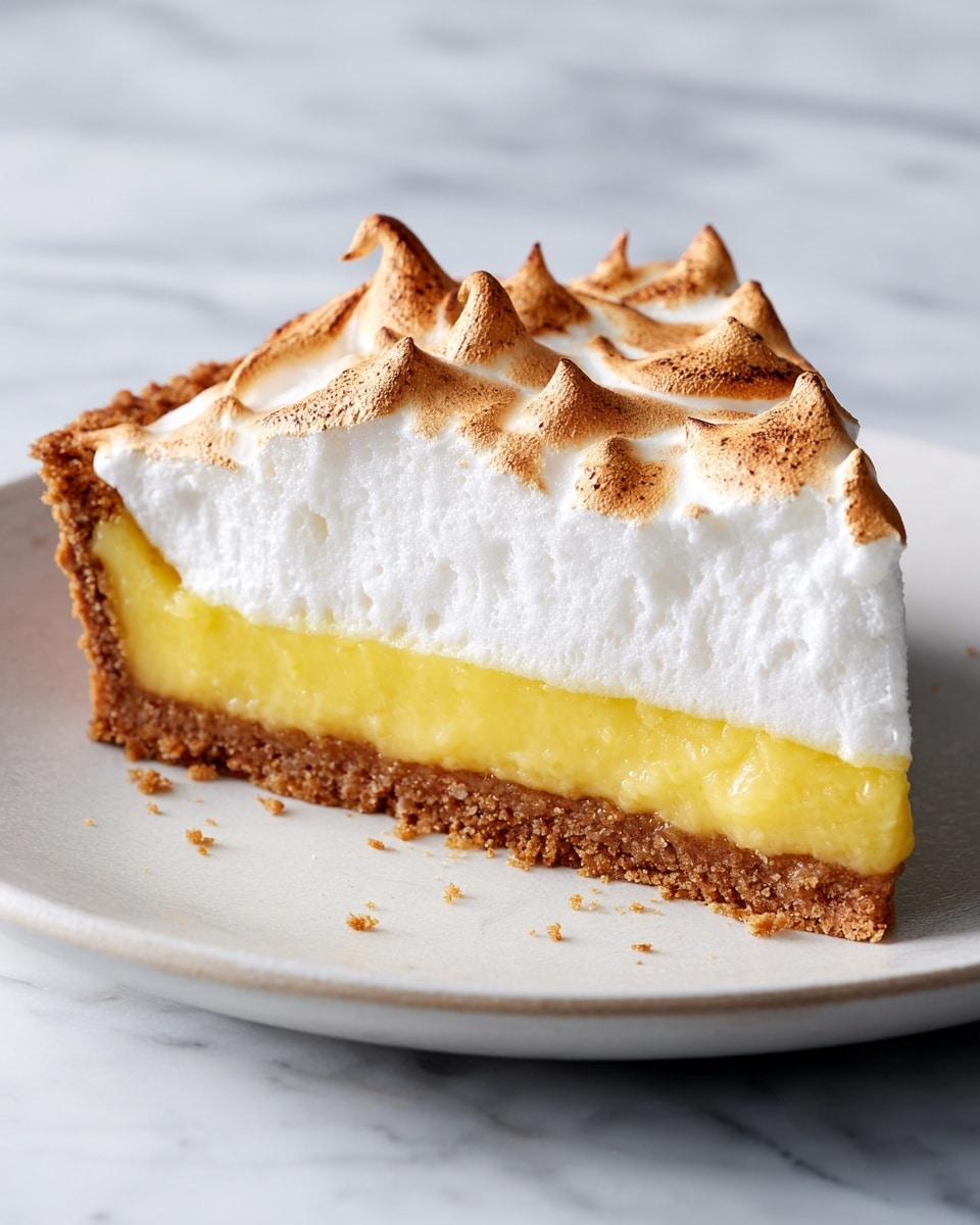 A slice of lemon meringue pie is shown on a white plate, sitting on a white marbled surface. The pie has three layers: the bottom crust is golden brown and crumbly, the middle layer is bright yellow and smooth lemon filling, and the top layer is thick, fluffy white meringue with lightly browned peaks. The edges of the meringue are slightly toasted, giving a warm contrast to the white fluffiness. The background features blurred yellow lemons. Photo taken with an iphone --ar 4:5 --v 7