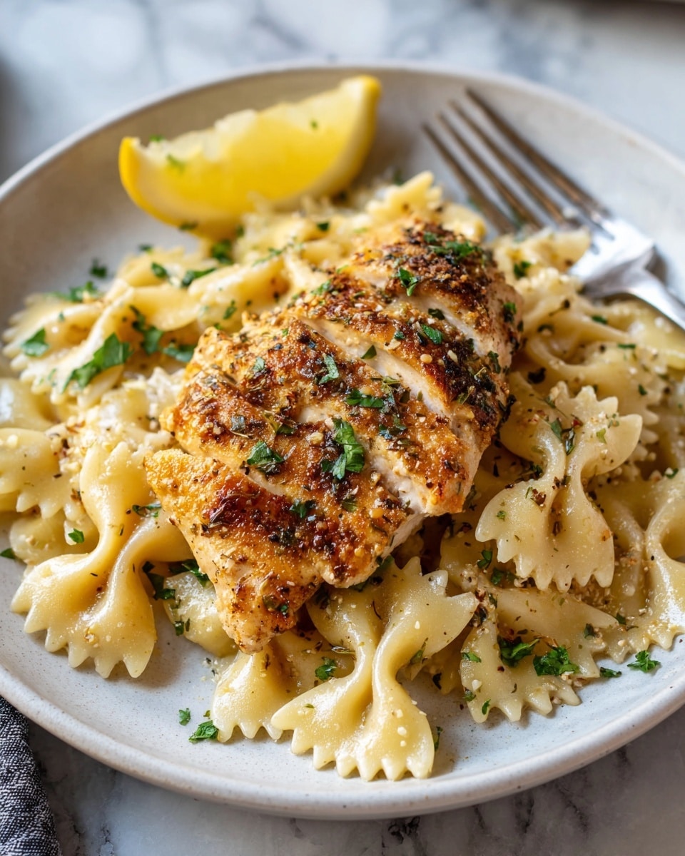 A white bowl holds a serving of light yellow farfalle pasta topped with a golden-brown crispy breaded chicken breast. The chicken is placed in the center, garnished with chopped green herbs. To the side, a bright yellow lemon wedge sits next to a silver fork resting on the edge of the bowl. The surface underneath is a white marbled texture. photo taken with an iphone --ar 4:5 --v 7
