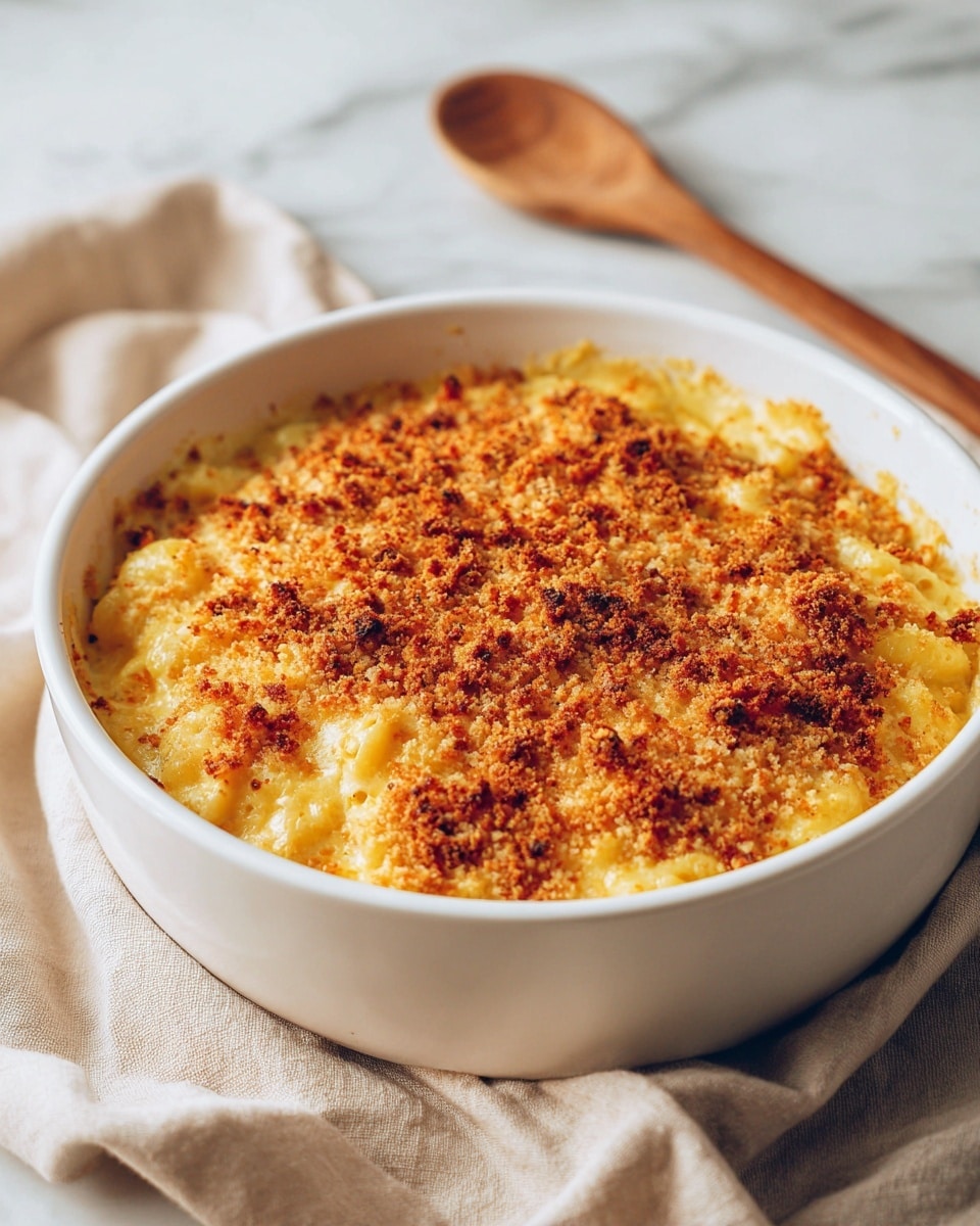 A round white bowl filled with a creamy yellow macaroni and cheese dish topped with a thick layer of golden brown crispy breadcrumbs. The cheese sauce underneath looks smooth and rich, slightly bubbling around the edges. The bowl is placed on a soft beige cloth with a wooden spoon lying nearby, all set on a white marbled surface. Photo taken with an iphone --ar 4:5 --v 7