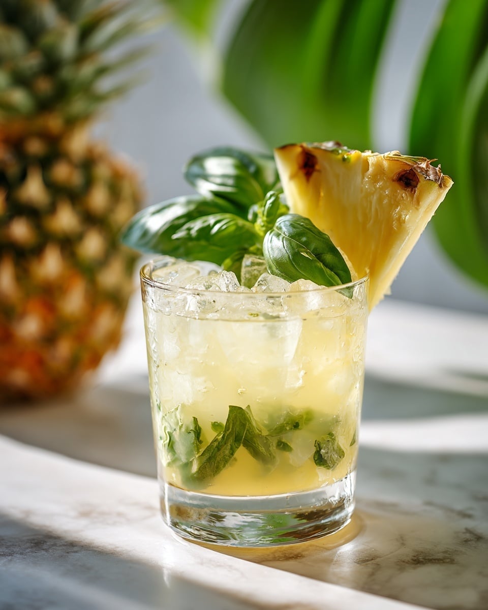 A clear, short glass filled with light yellow liquid and crushed ice, with fresh green basil leaves inside the drink near the top. A triangular slice of pineapple garnishes the rim of the glass, showing its bright yellow color and rough textured edges. The glass sits on a white marbled surface with soft natural light enhancing the fresh and tropical feel. photo taken with an iphone --ar 4:5 --v 7